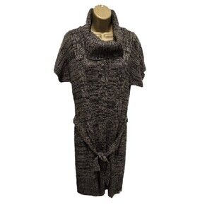 Brown Belted Cable Knit Funnel Cowl Neck Sweater Dress Womens Sz LP Short Sleeve